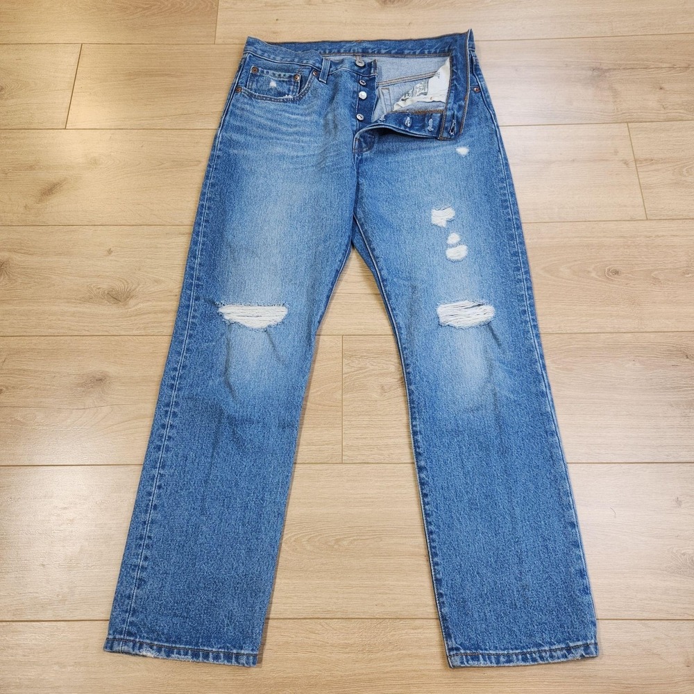Levis 501 Jeans Womens 30x30 Blue Distressed Straight Button Fly Denim